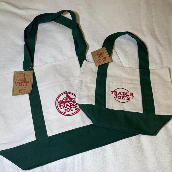 New with Tags! Set of 2: GREEN - Trader Joe's Large & Mini Canvas Totes - Picture 1 of 14